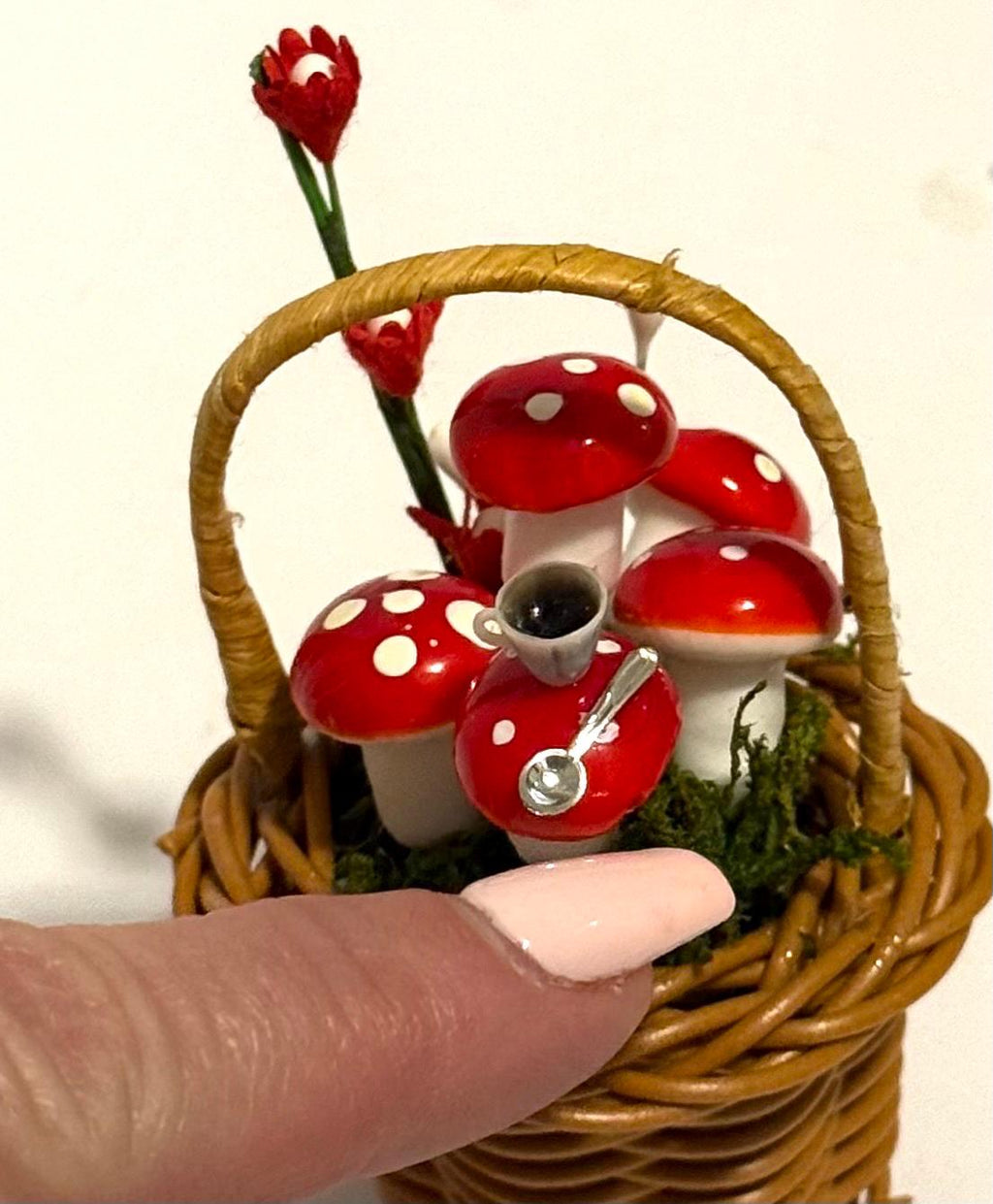 Miniature Whimsical Wicker Basket With Mushrooms-Alice in Wonderland looking theme