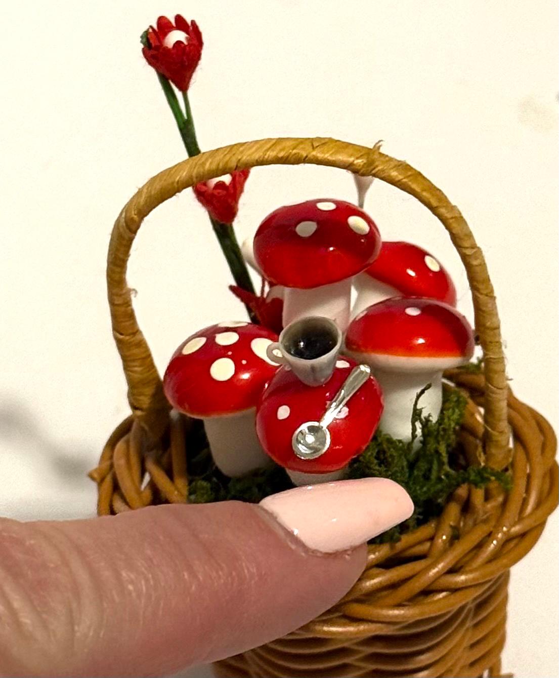 Miniature Whimsical Wicker Basket With Mushrooms-Alice in Wonderland looking theme