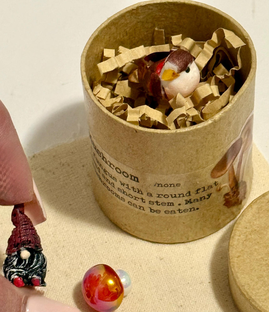 Miniature Mushroom Theme Paper Mache Gift Box with Gnome and mini bird