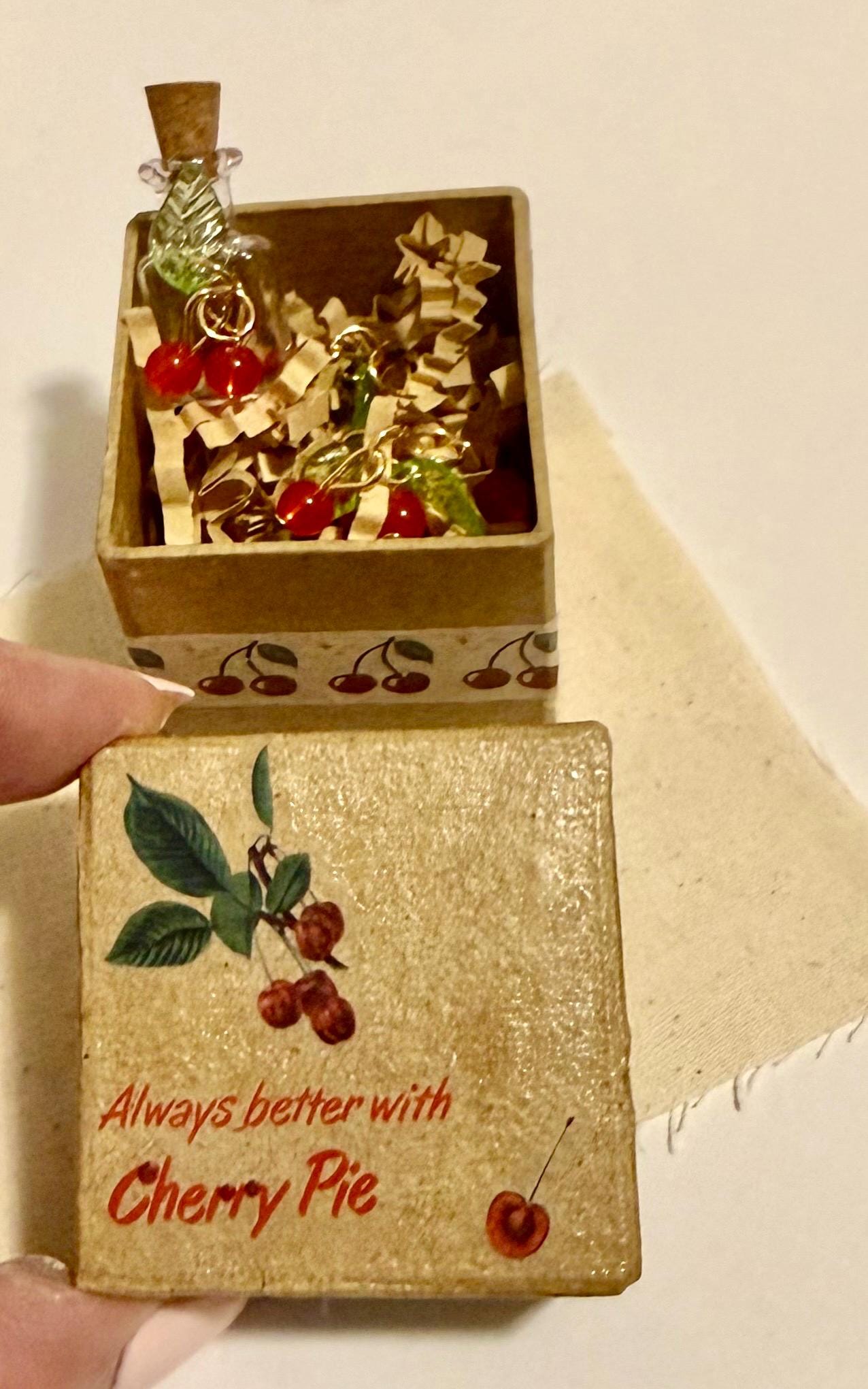 Miniature Cherry Pie paper mache Gift Box with Glass Jar & Charms
