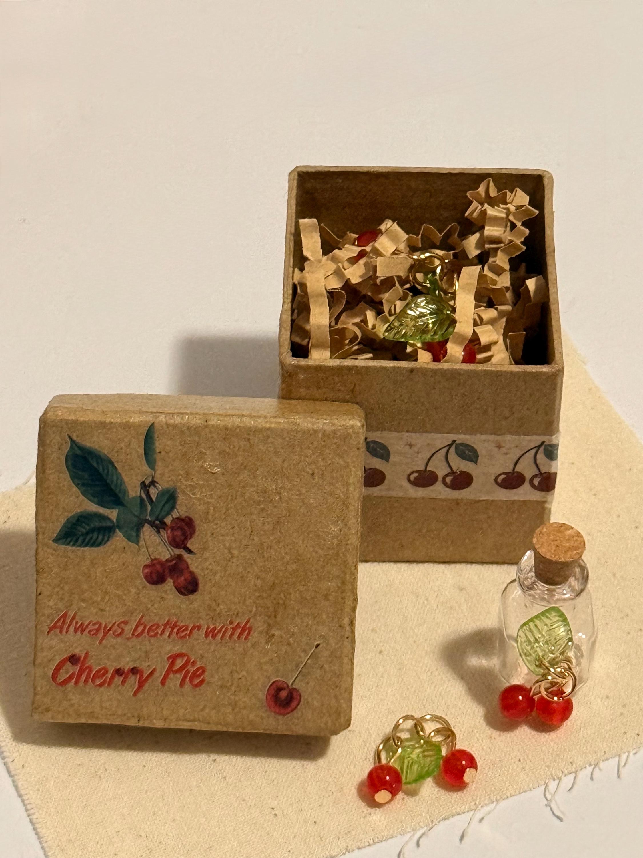 Miniature Cherry Pie paper mache Gift Box with Glass Jar & Charms