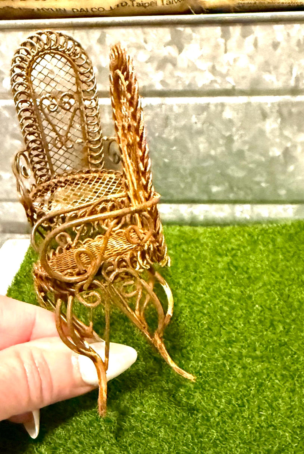 Miniature metal rusted outside chair with heart design-1:12 scale