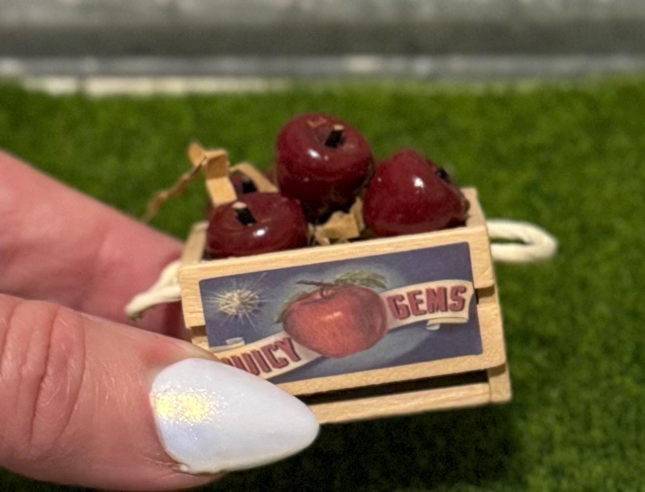miniature wooden box/crate  with wooden red apples -1:12 scale