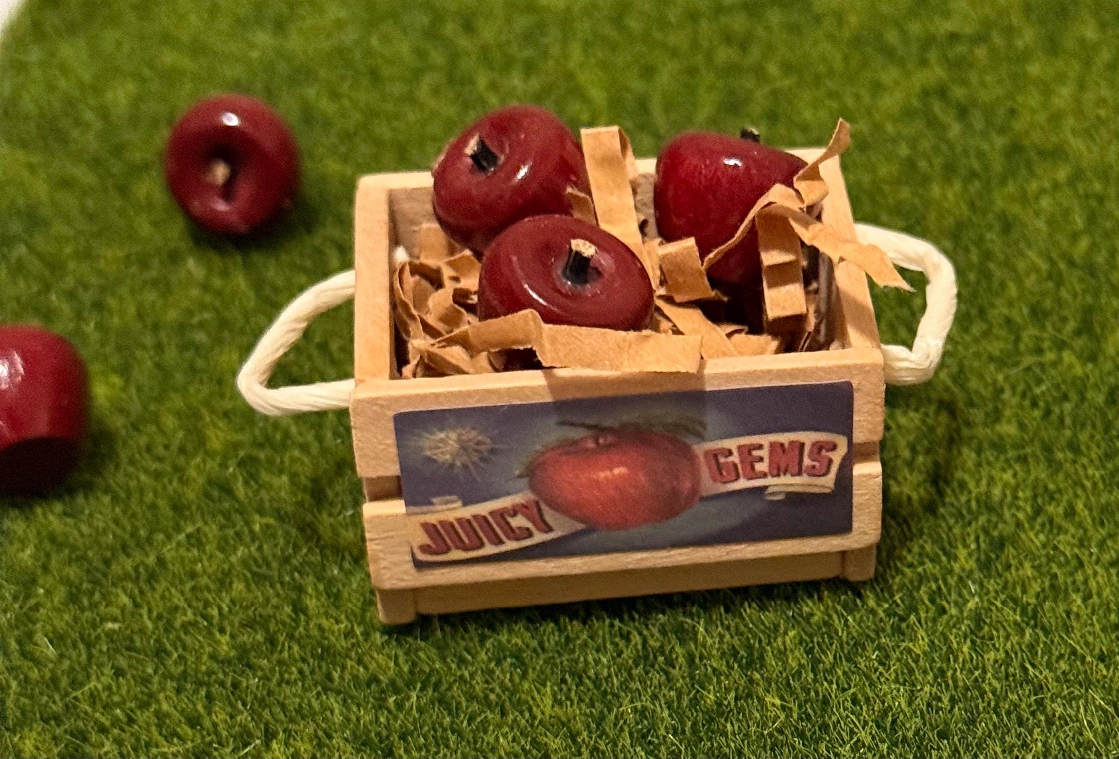 miniature wooden box/crate  with wooden red apples -1:12 scale