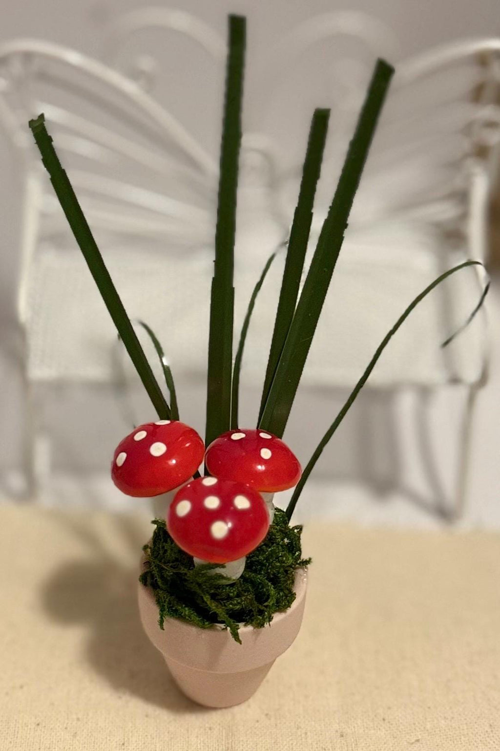 Miniature mushrooms in clay pot