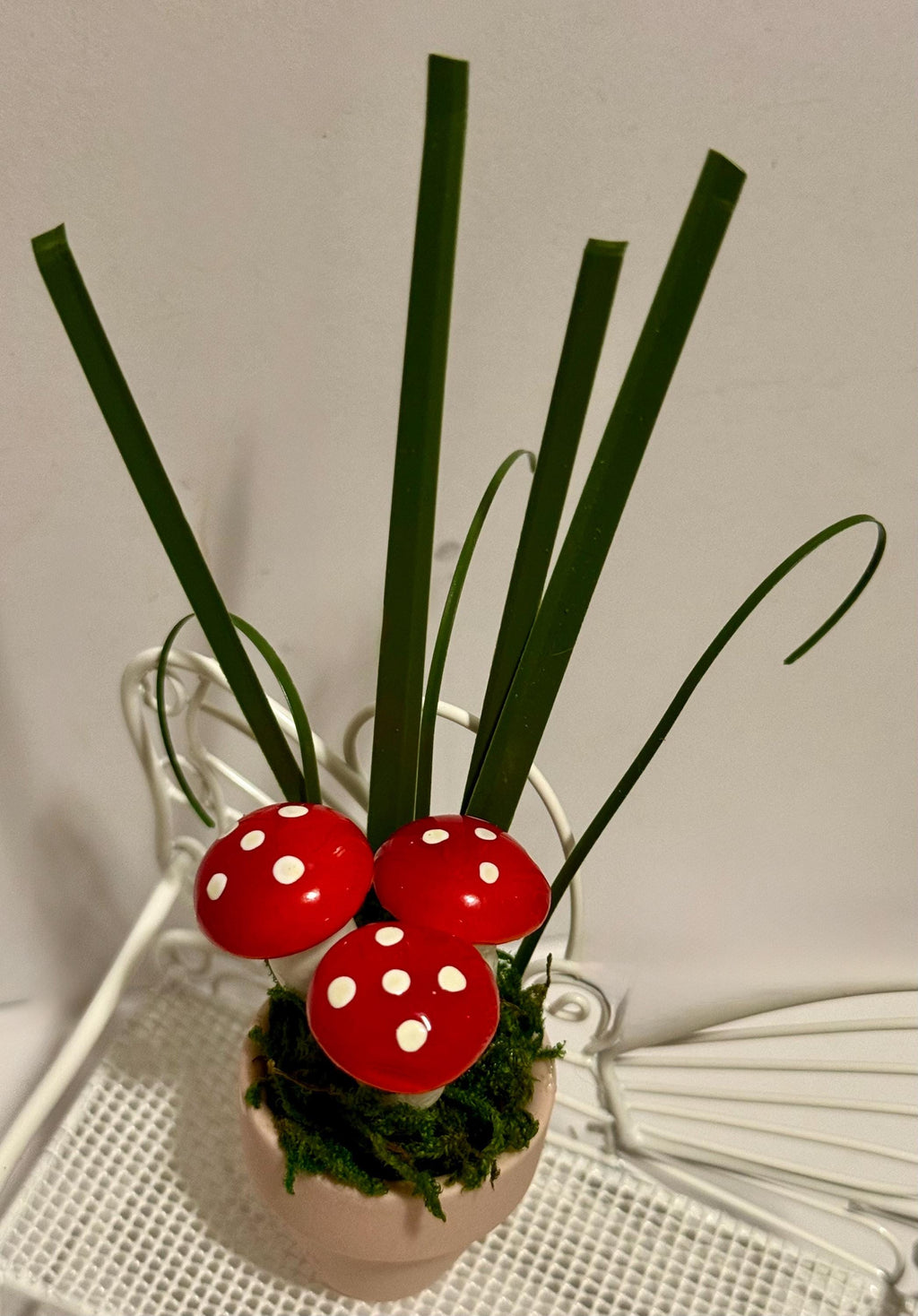 Miniature mushrooms in clay pot