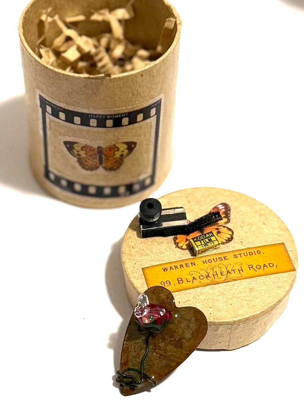 Miniature Paper Mache Gift Box: Photography Studio Theme, Vintage Camera, Film, Butterflies