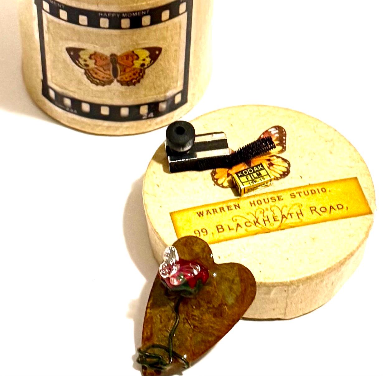 Miniature Paper Mache Gift Box: Photography Studio Theme, Vintage Camera, Film, Butterflies