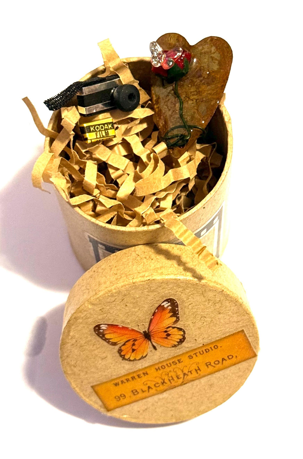 Miniature Paper Mache Gift Box: Photography Studio Theme, Vintage Camera, Film, Butterflies