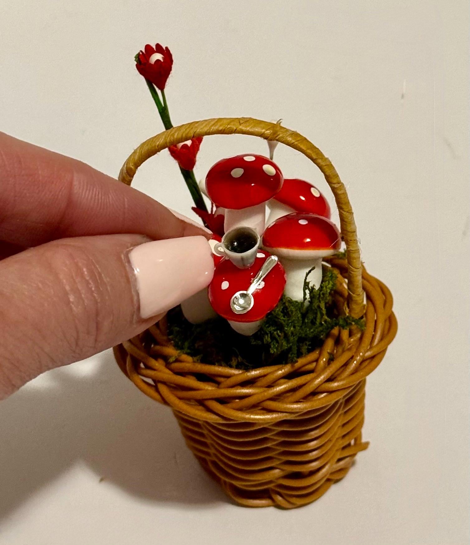 Miniature Whimsical Wicker Basket With Mushrooms-Alice in Wonderland looking theme