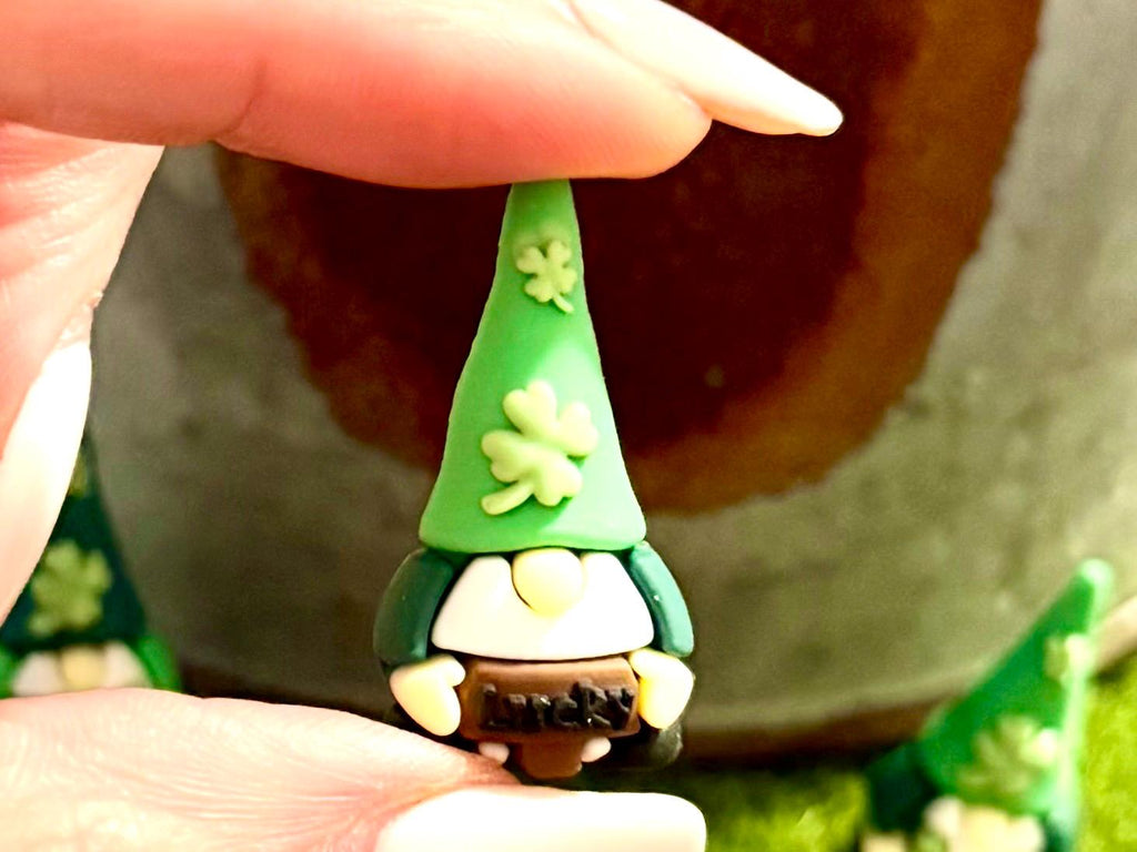 Miniature St. Patrick Day Gnome figurines with 2 Gold Bar Accessories
