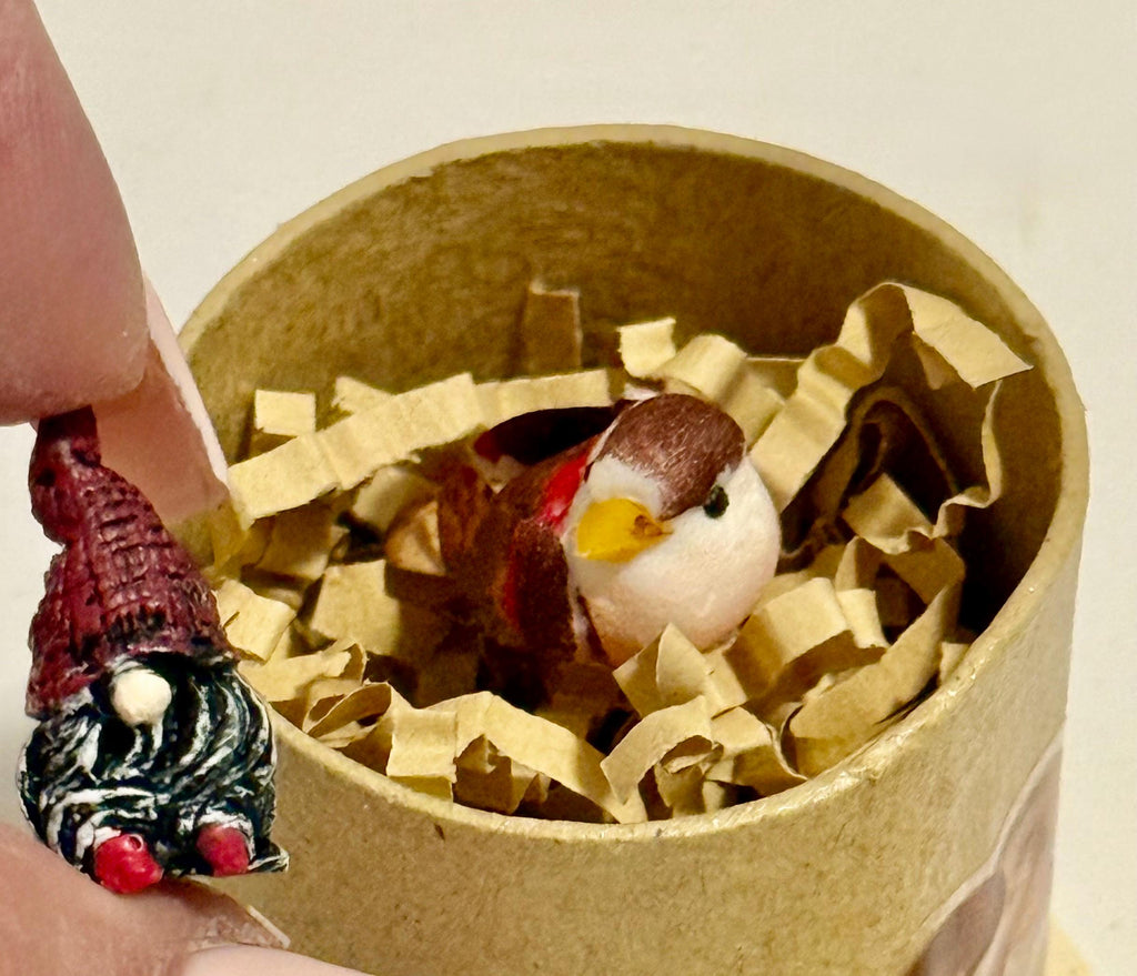 Miniature Mushroom Theme Paper Mache Gift Box with Gnome and mini bird