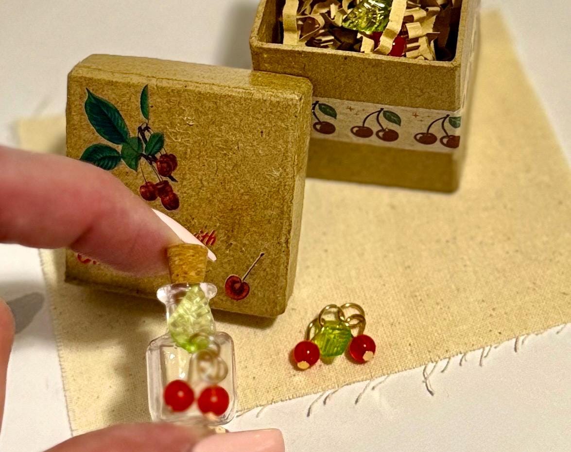 Miniature Cherry Pie paper mache Gift Box with Glass Jar & Charms