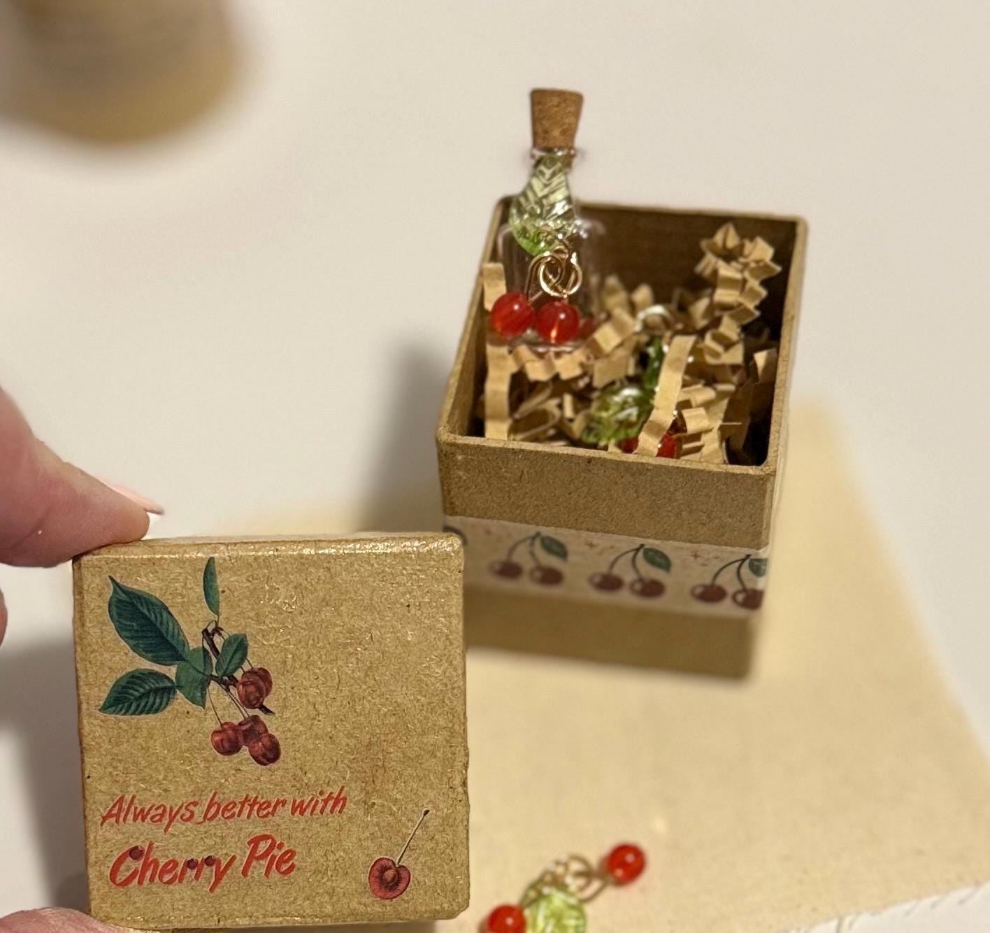 Miniature Cherry Pie paper mache Gift Box with Glass Jar & Charms