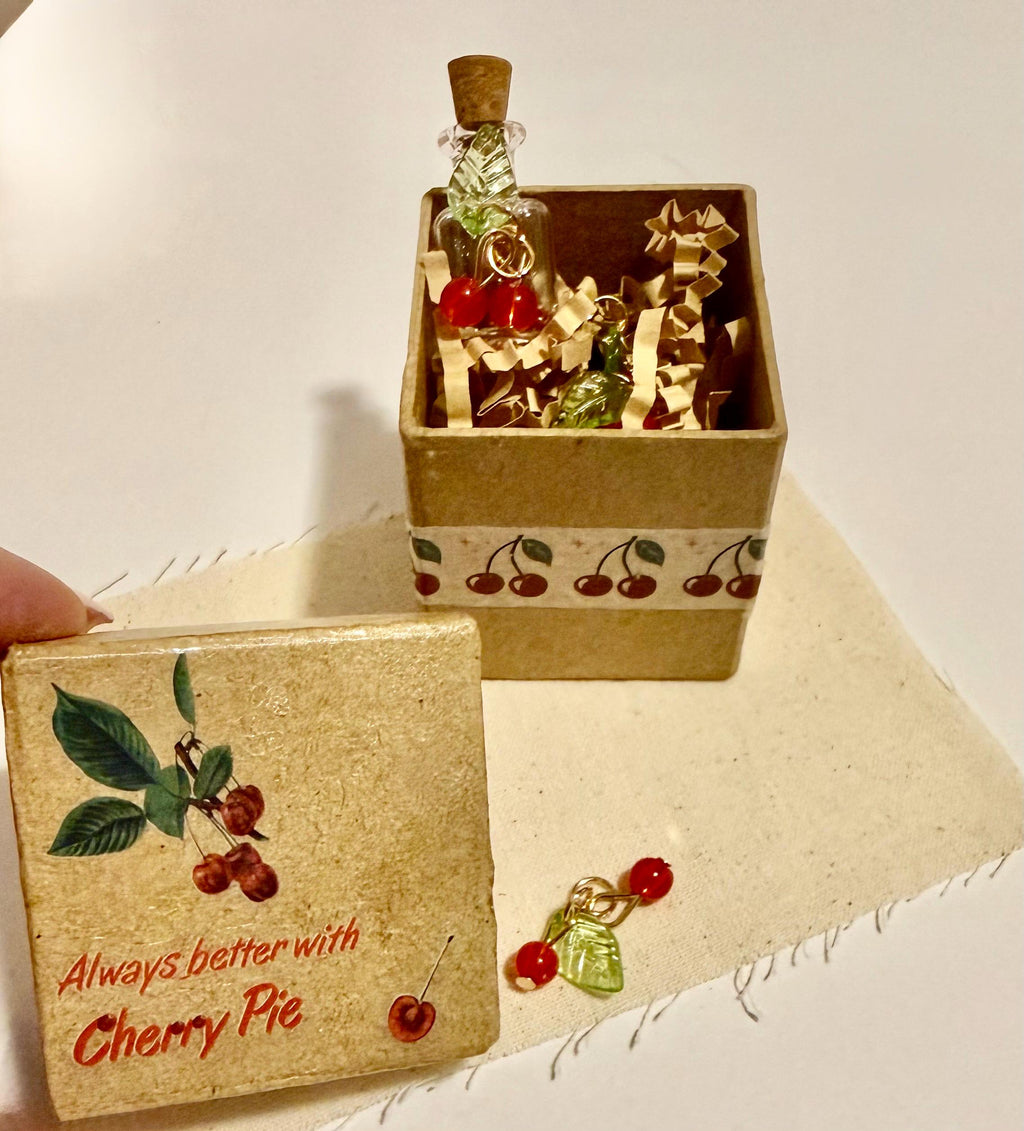 Miniature Cherry Pie paper mache Gift Box with Glass Jar & Charms