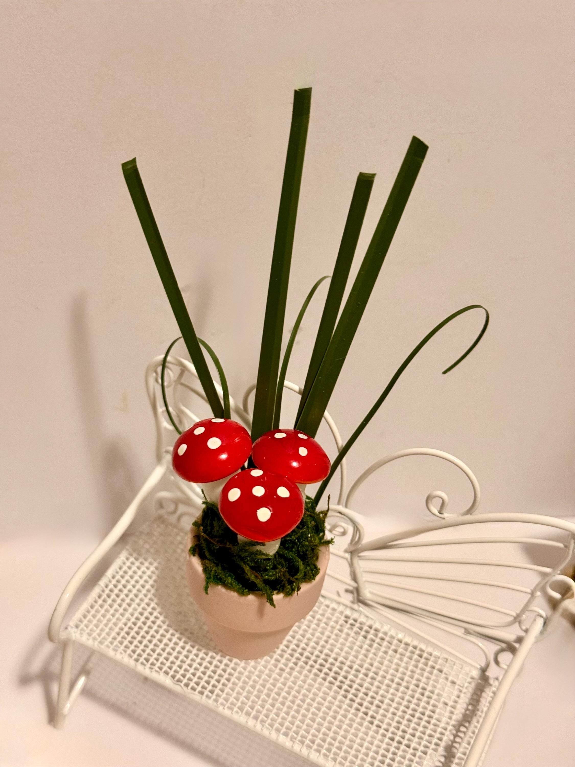 Miniature mushrooms in clay pot