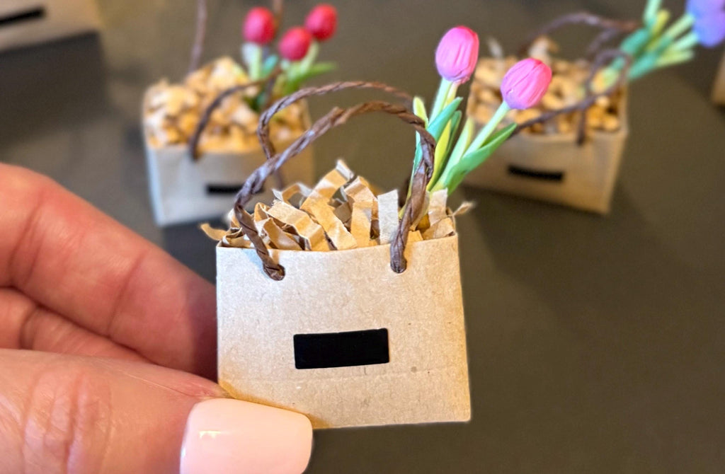 Miniature shopping bag filled with tulips-dollhouse scale