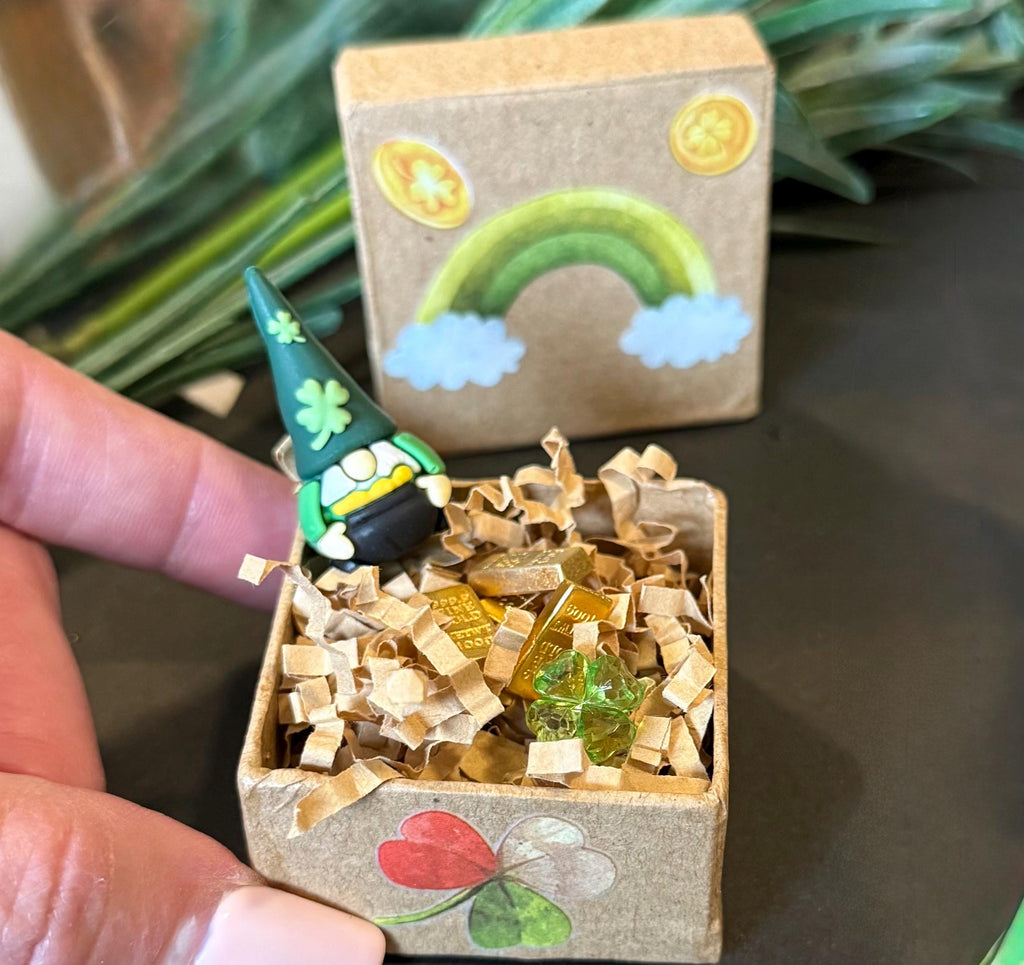 Miniature St. Patrick’s Day paper mache gift boxes with gnome and gold