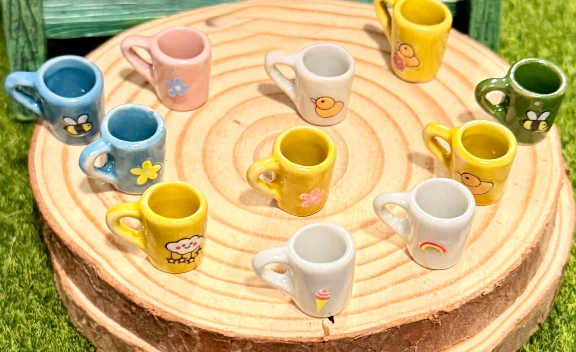 Miniature coffee mugs-bees,rainbow,clouds,ducks,flowers