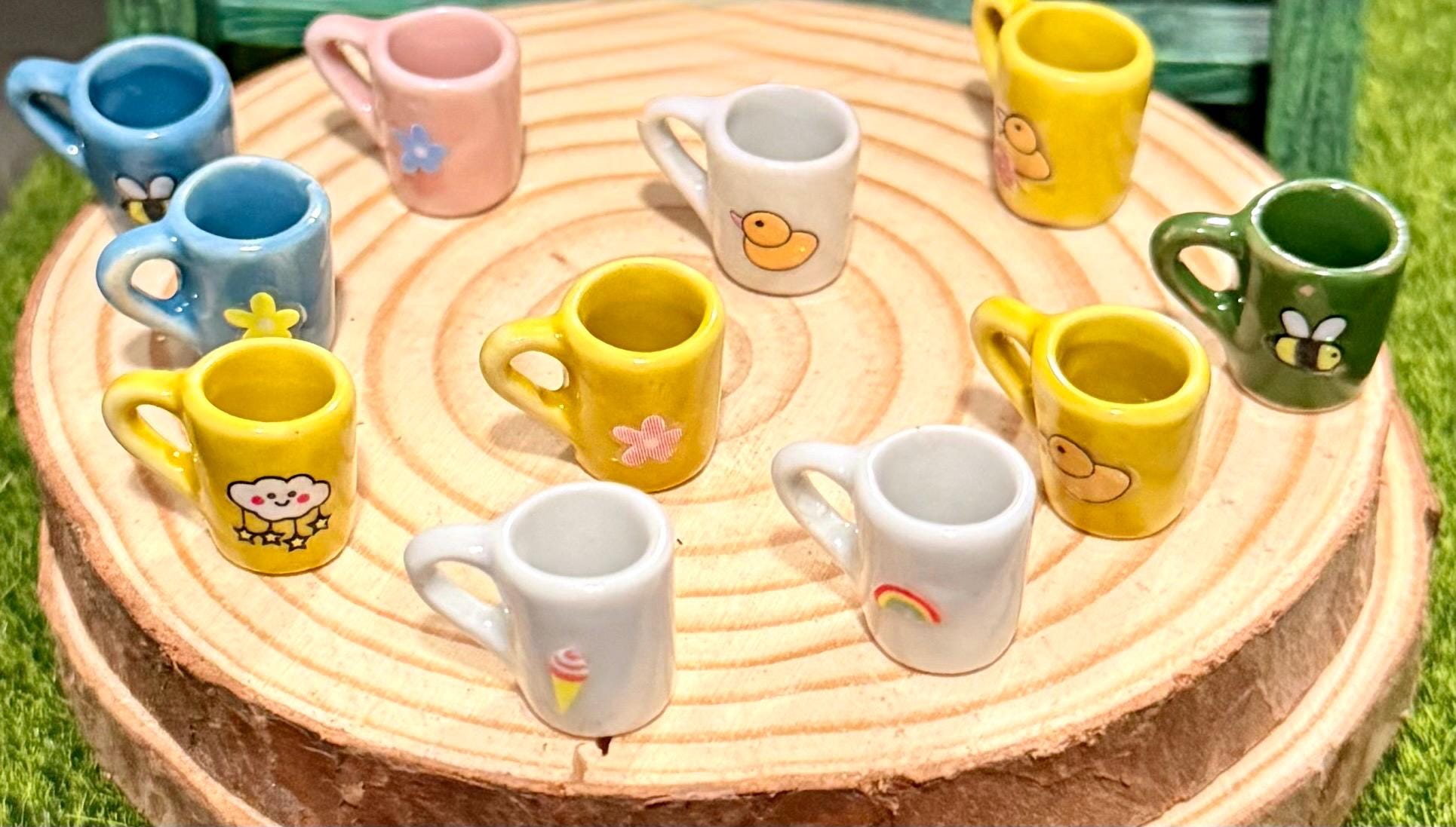 Miniature coffee mugs-bees,rainbow,clouds,ducks,flowers