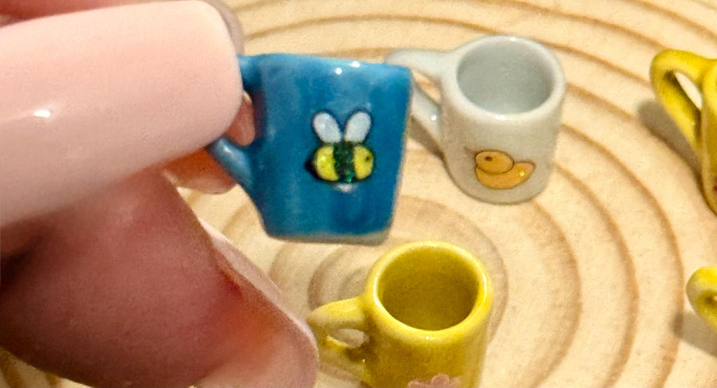 Miniature coffee mugs-bees,rainbow,clouds,ducks,flowers
