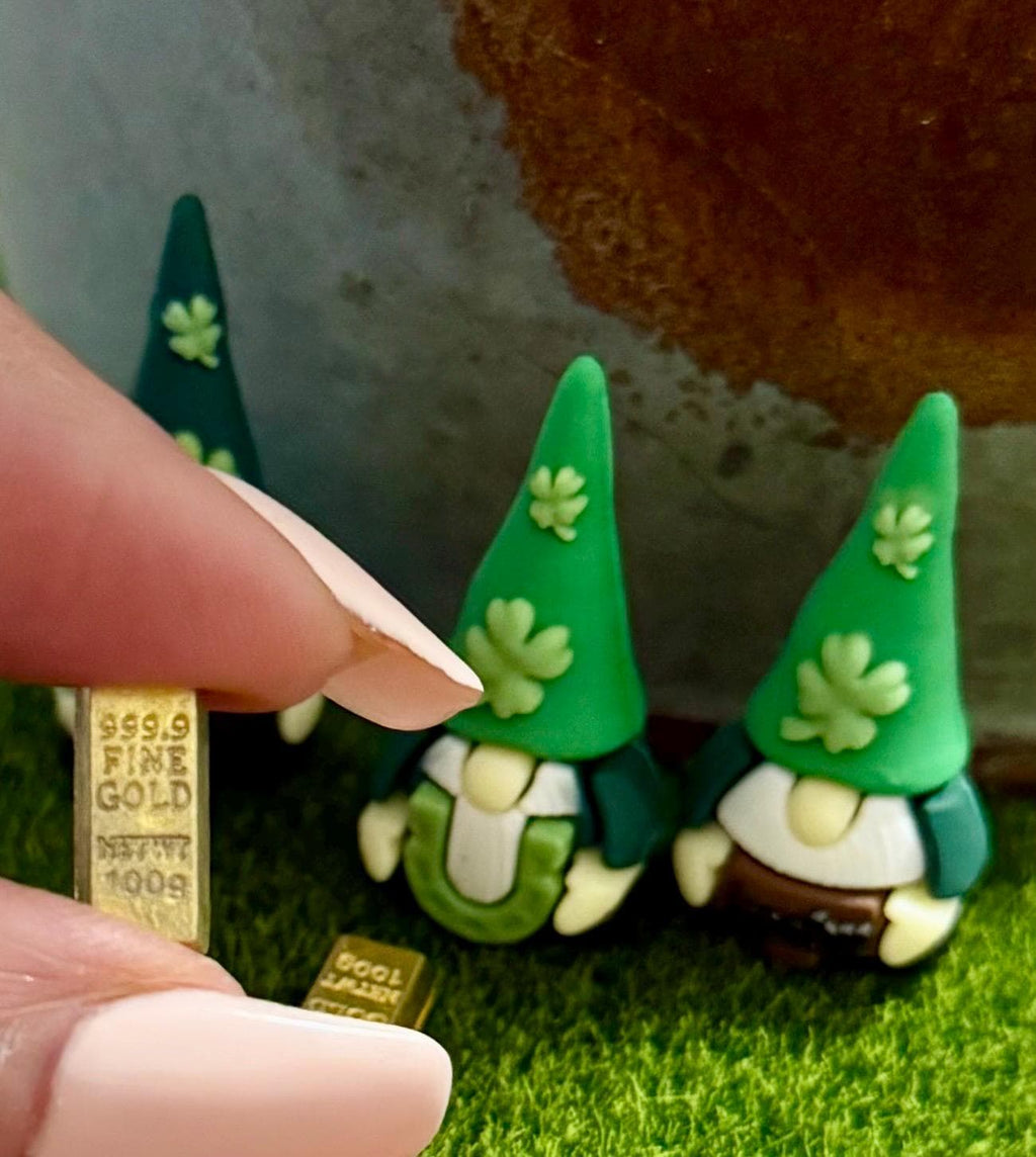 Miniature St. Patrick Day Gnome figurines with 2 Gold Bar Accessories