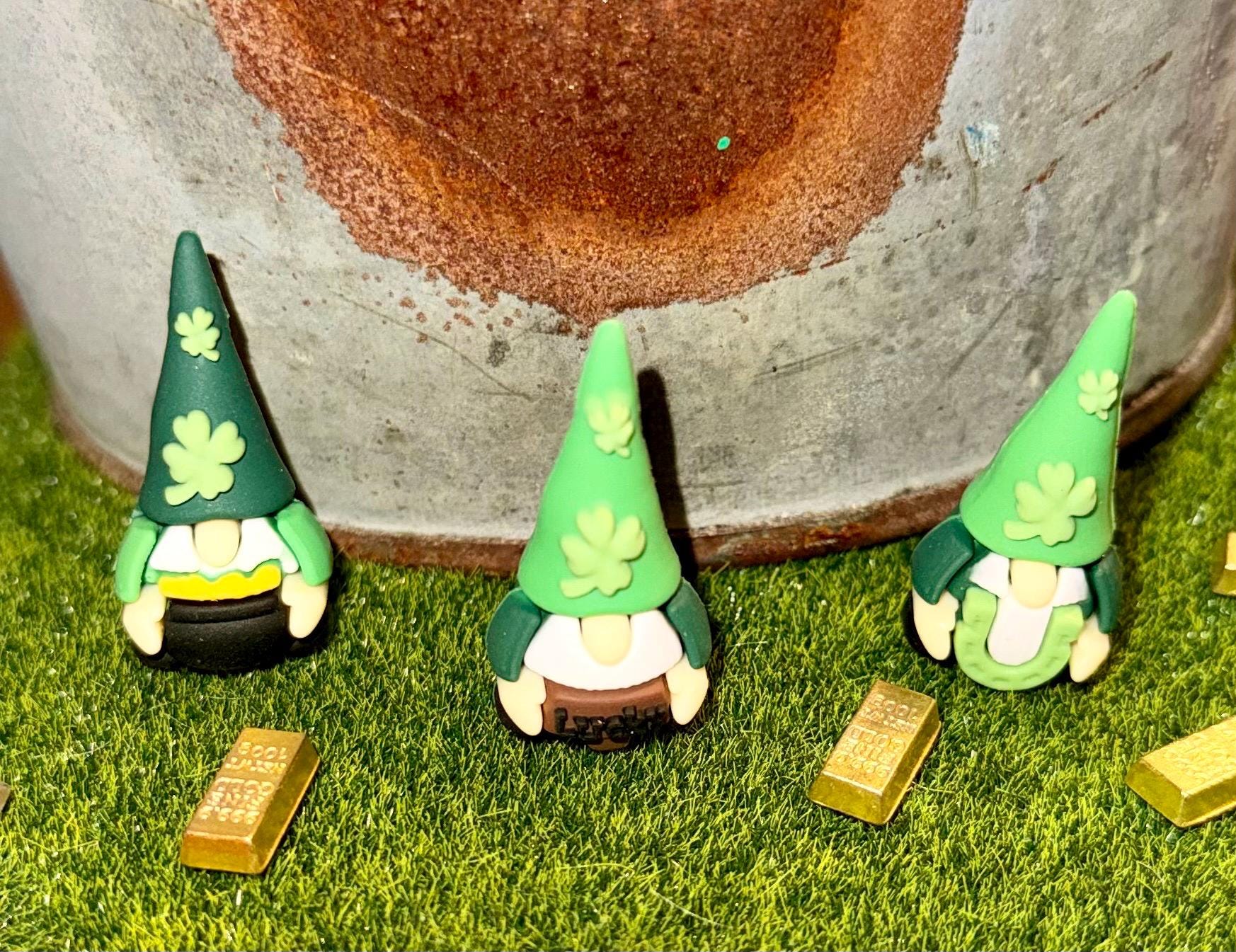 Miniature St. Patrick Day Gnome figurines with 2 Gold Bar Accessories