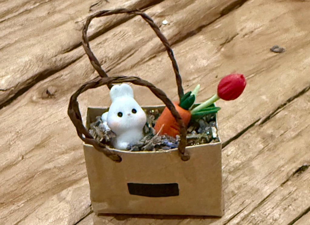 Miniature Easter Shopping Bag with Bunny, Carrot, Tulip (1:12 Scale)