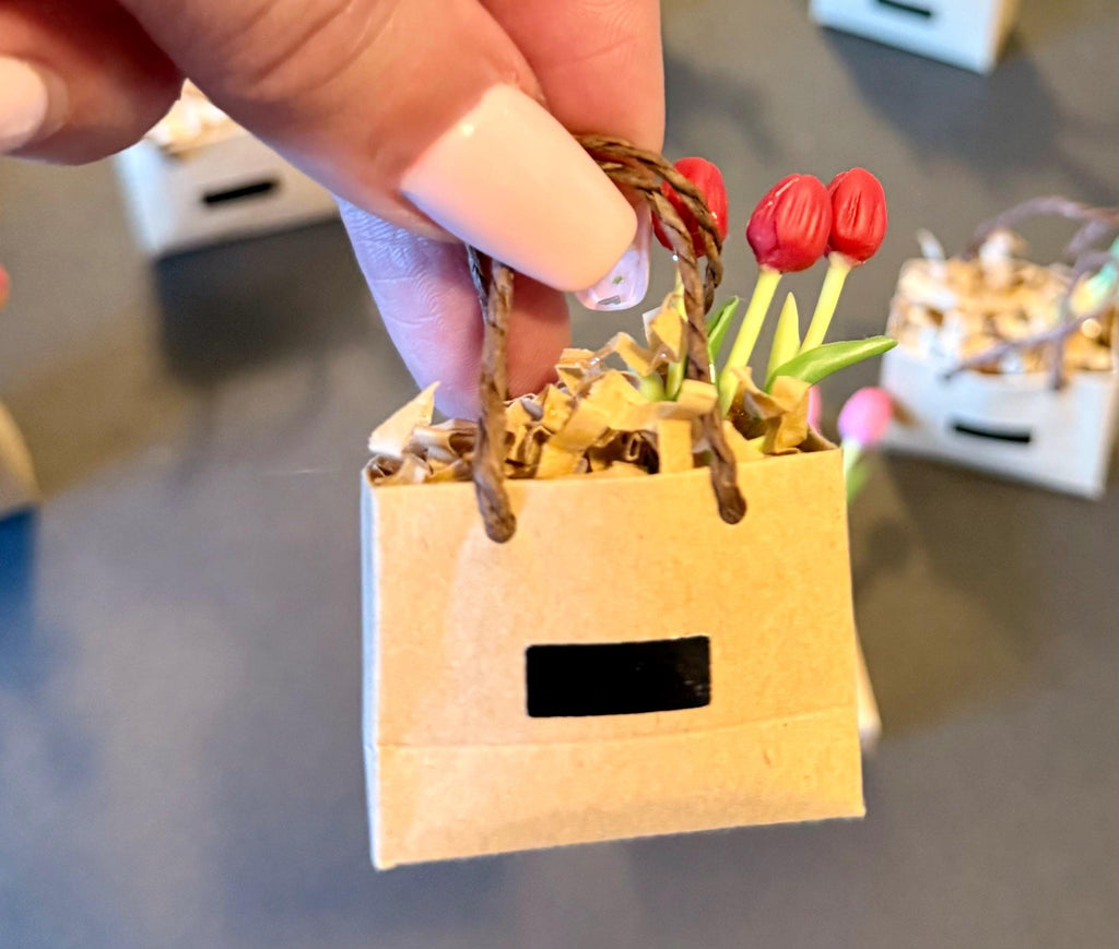 Miniature shopping bag filled with tulips-dollhouse scale