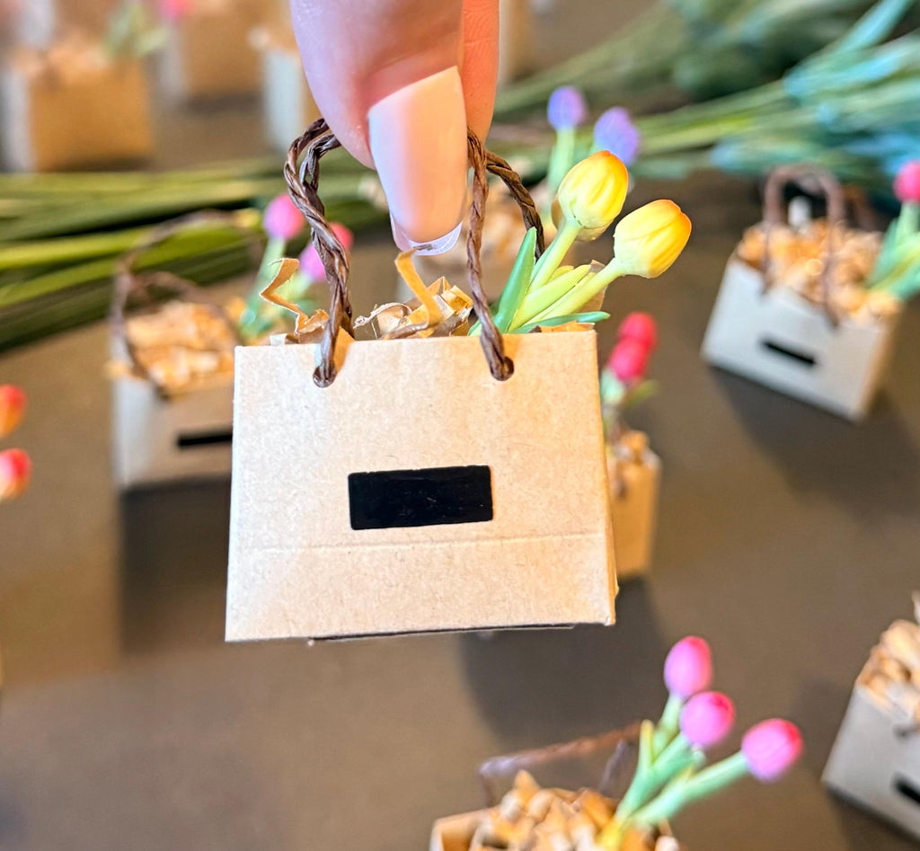 Miniature shopping bag filled with tulips-dollhouse scale