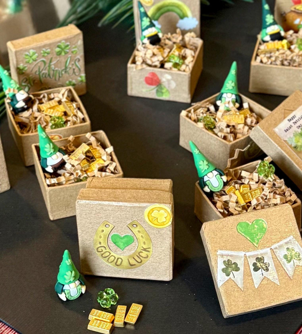 Miniature St. Patrick’s Day paper mache gift boxes with gnome and gold