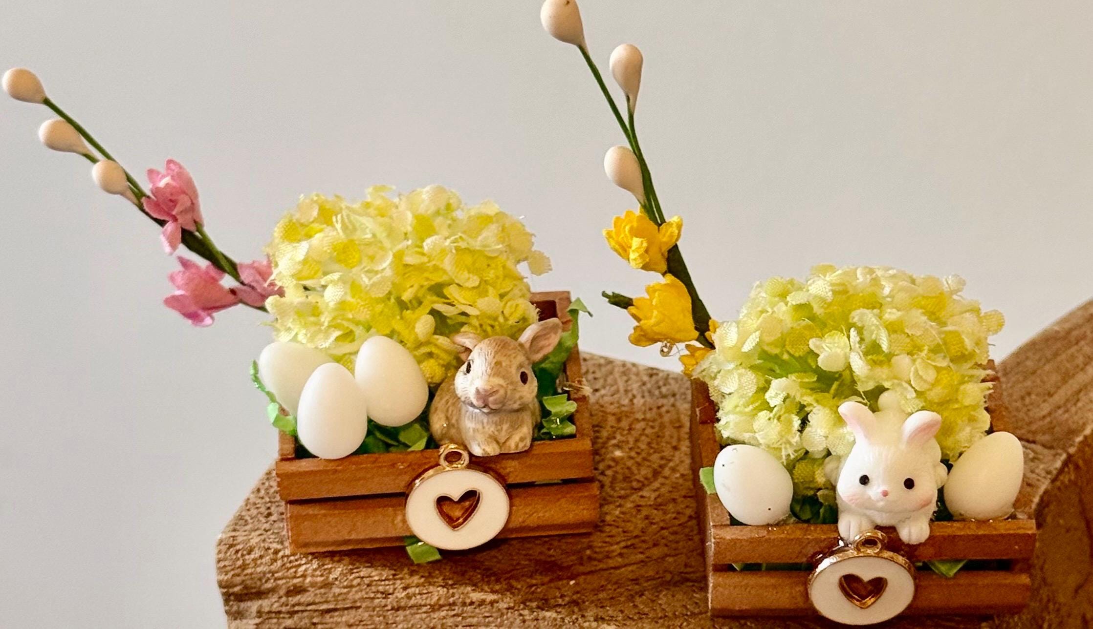 Miniature Easter bunny and flowers in wooden crate with heart -includes mini eggs