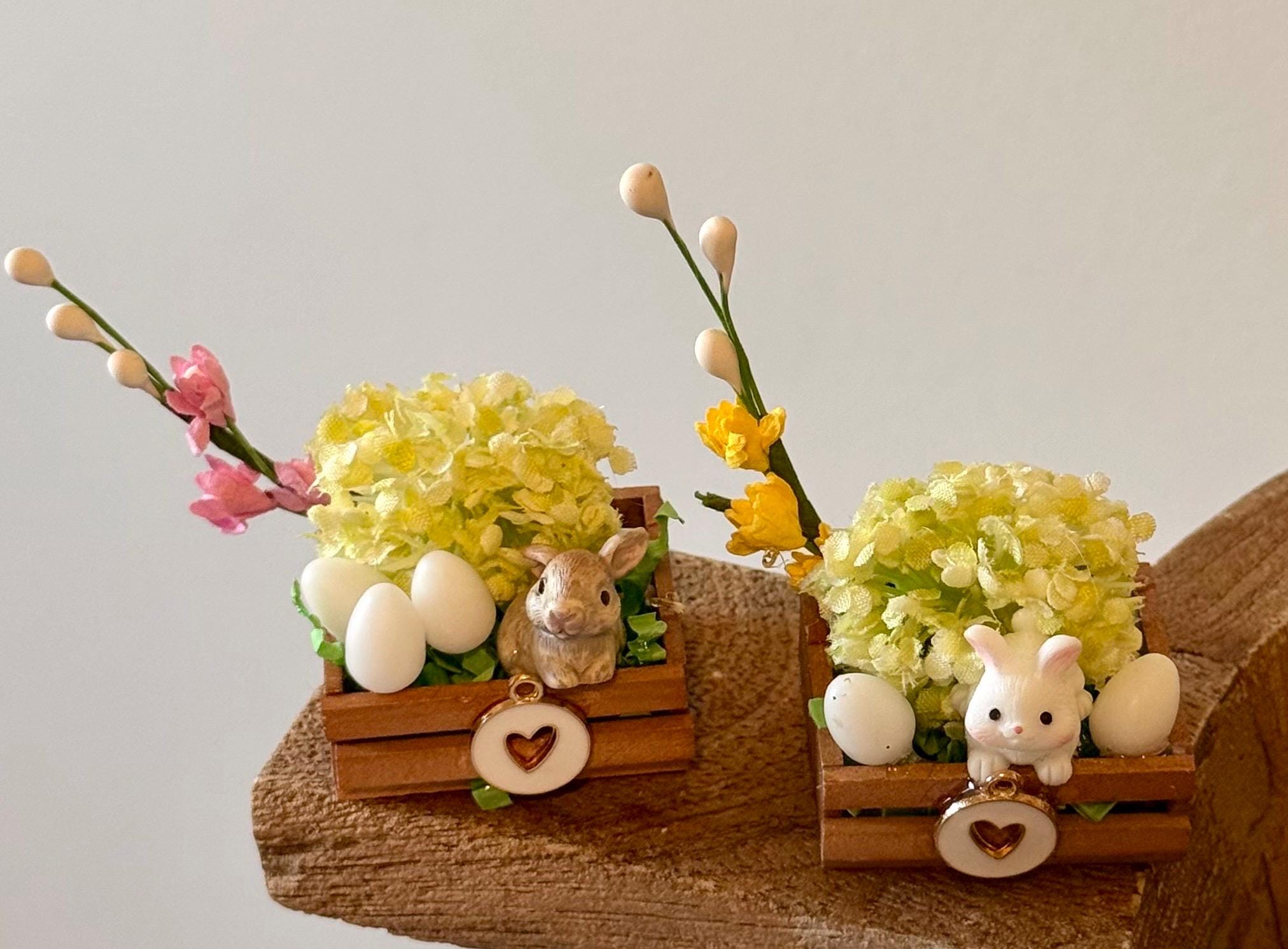 Miniature Easter bunny and flowers in wooden crate with heart -includes mini eggs