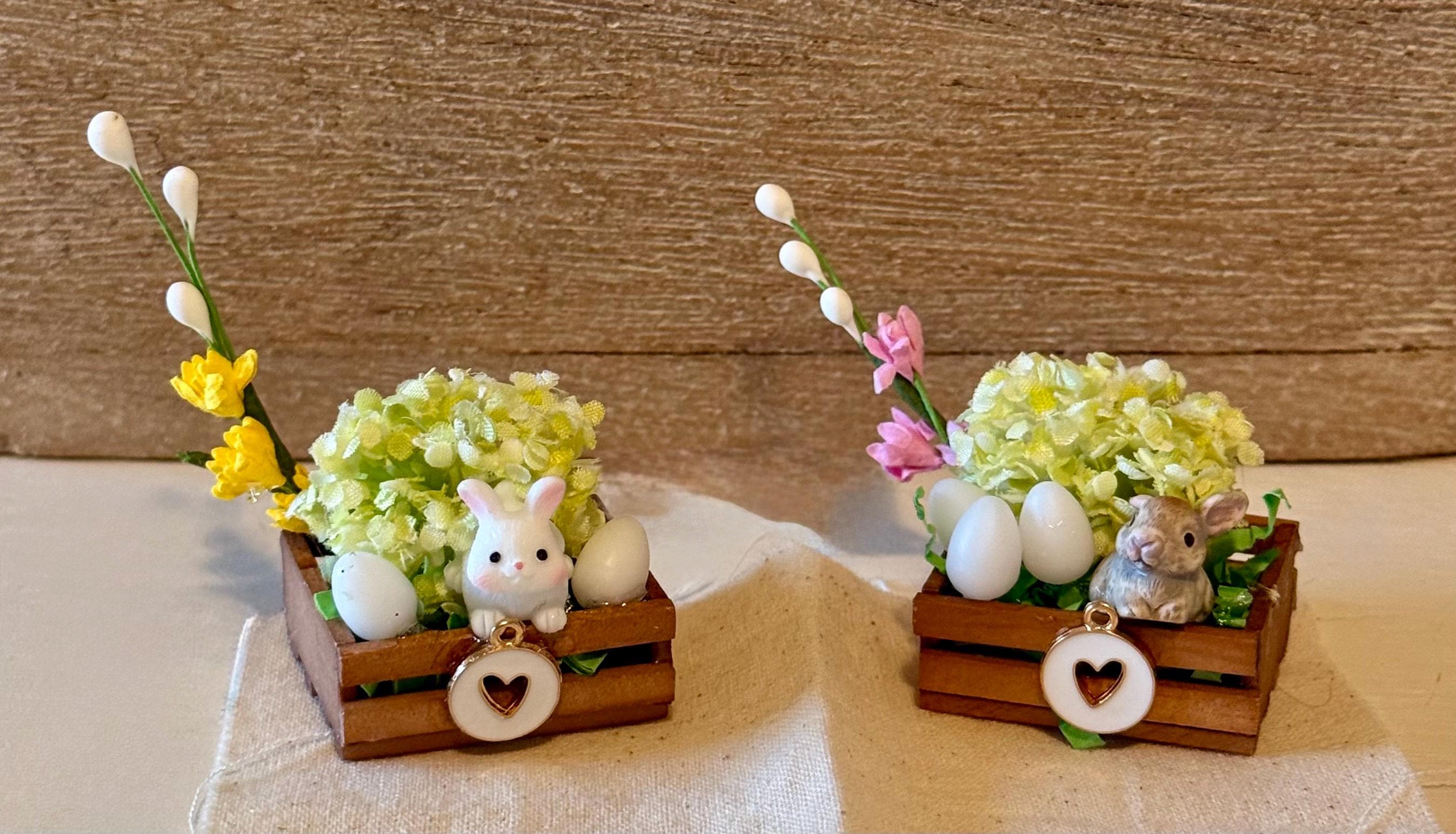 Miniature Easter bunny and flowers in wooden crate with heart -includes mini eggs