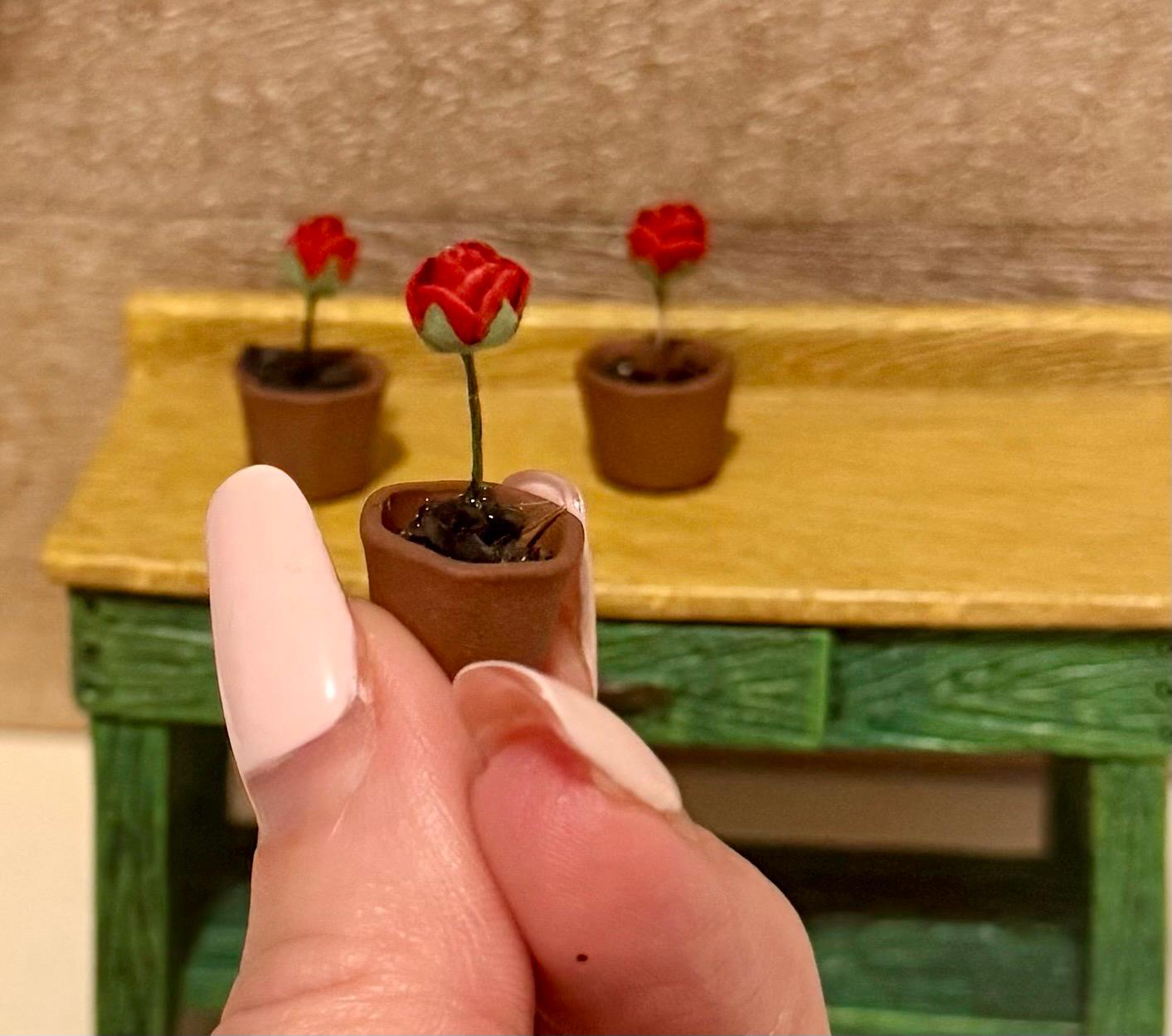Miniature rose in a terracotta pot-dollhouse scale