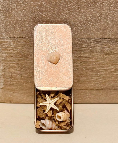 Metal treasure mini sliding box filled with mini shells and a starfish