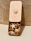 Metal treasure mini sliding box filled with mini shells and a starfish