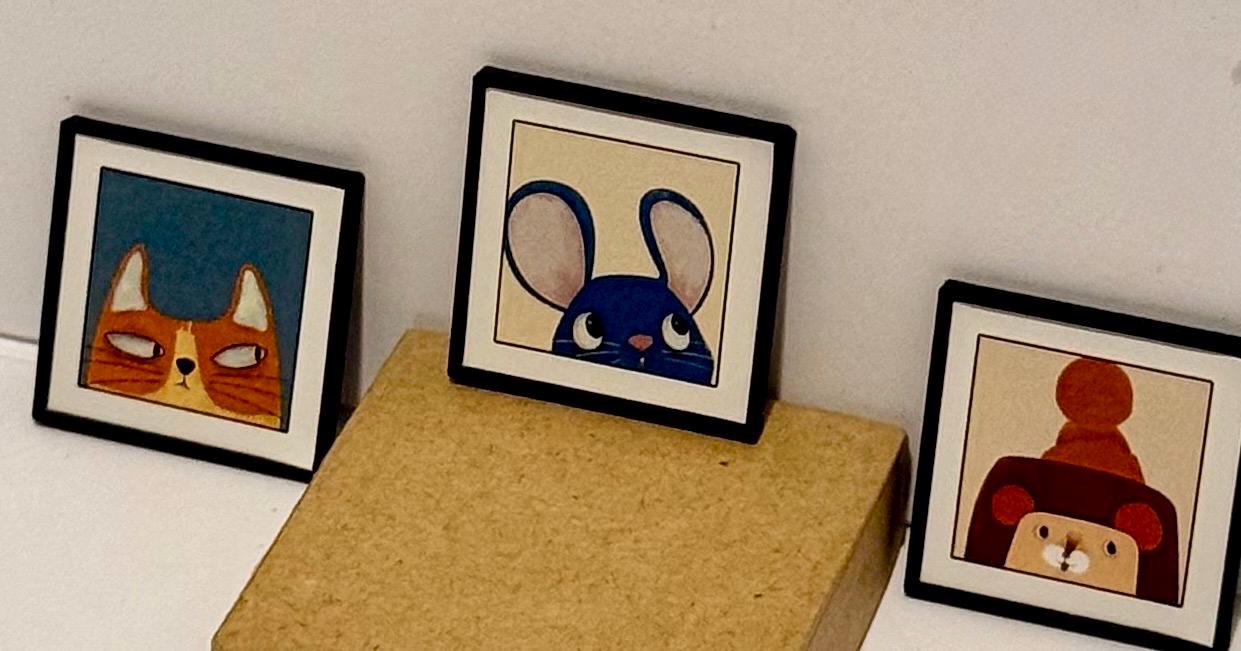 miniature animal art work in frame- dollhouse scale
