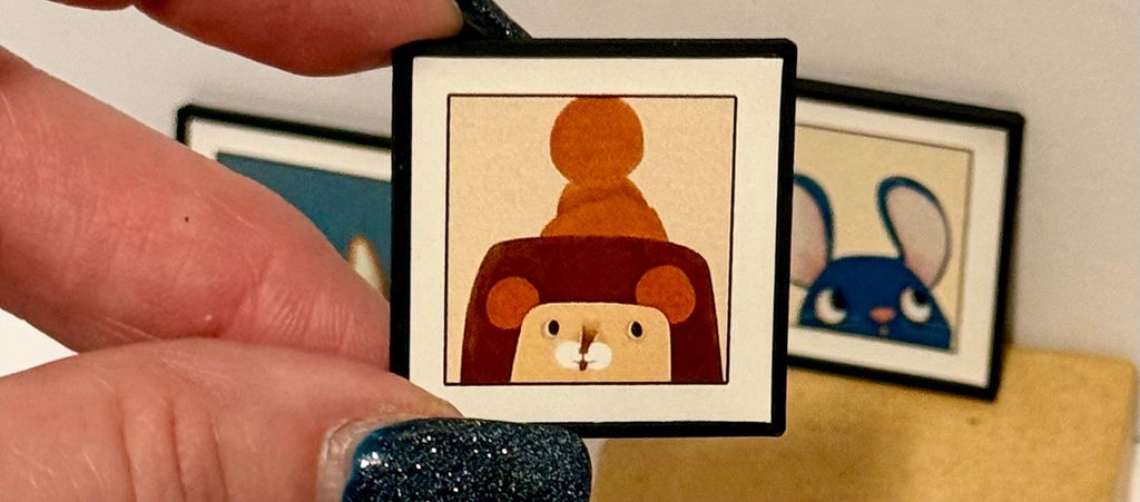 miniature animal art work in frame- dollhouse scale