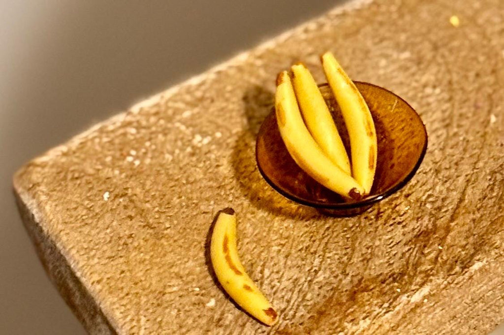 Miniature fruit in bowls- strawberries, lemons, bananas-dollhouse scale