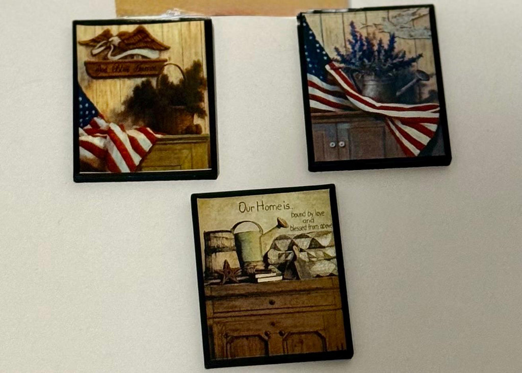 miniature Americana primitive art work in frames- dollhouse scale