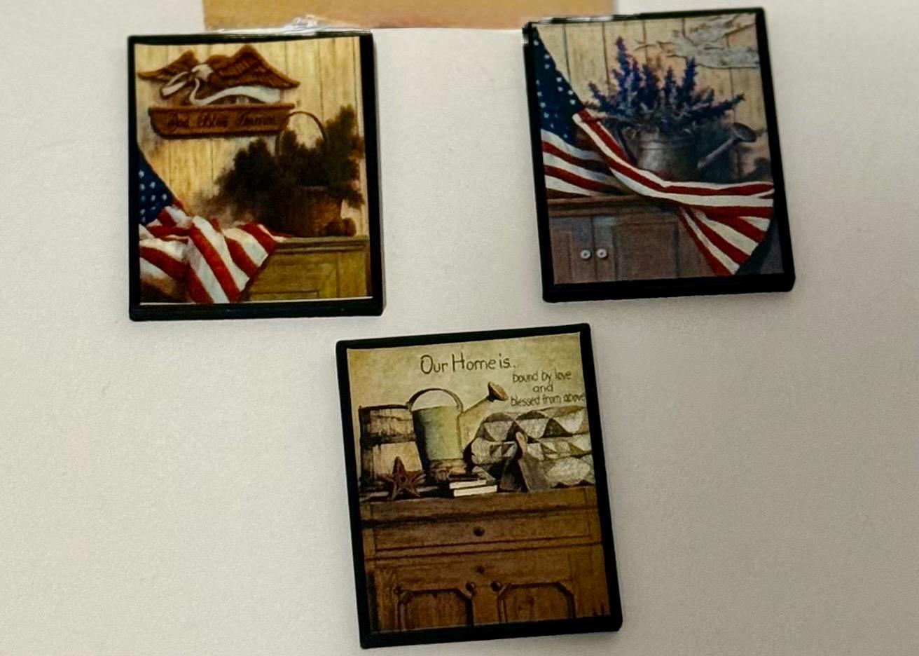 miniature Americana primitive art work in frames- dollhouse scale