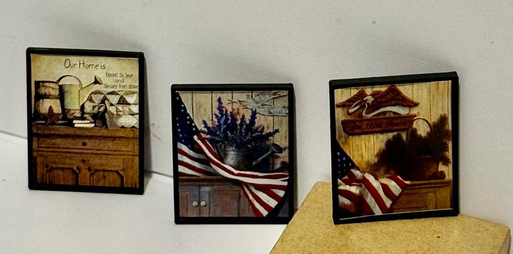 miniature Americana primitive art work in frames- dollhouse scale