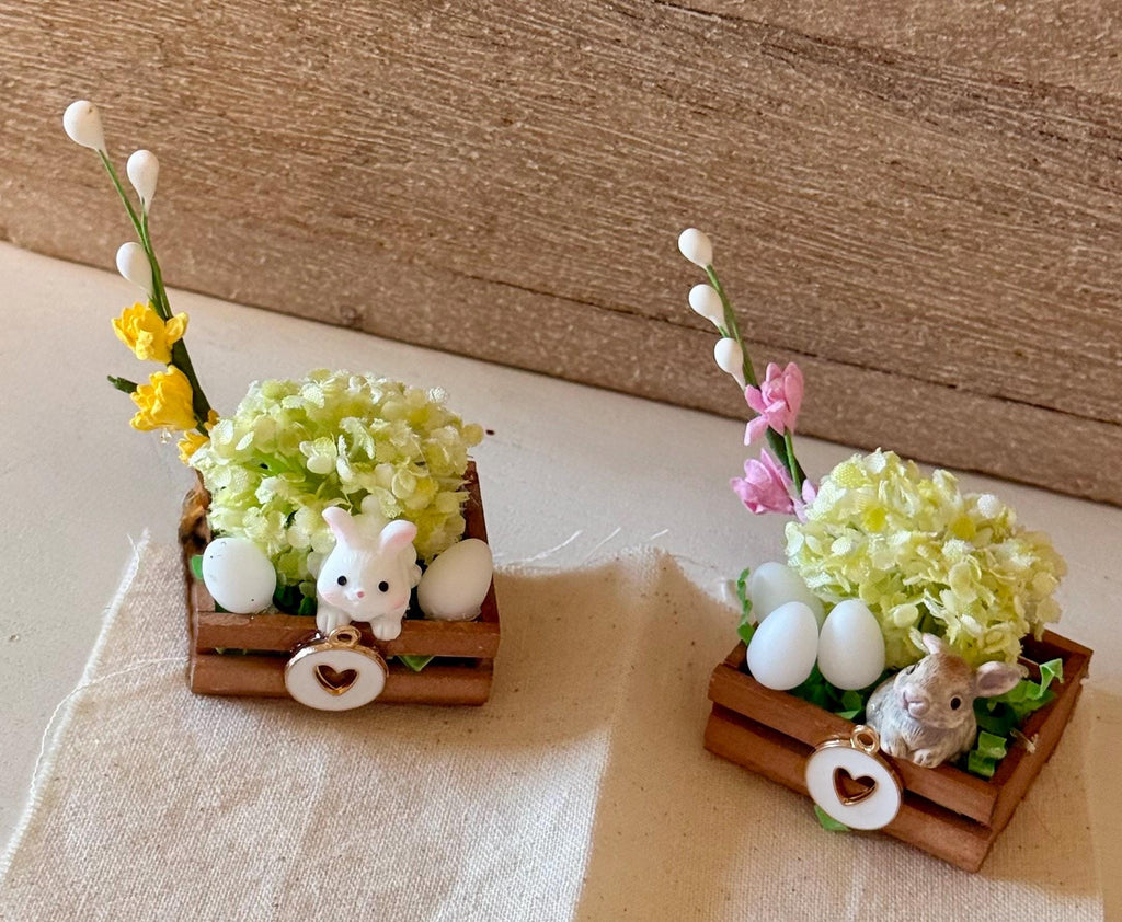 Miniature Easter bunny and flowers in wooden crate with heart -includes mini eggs