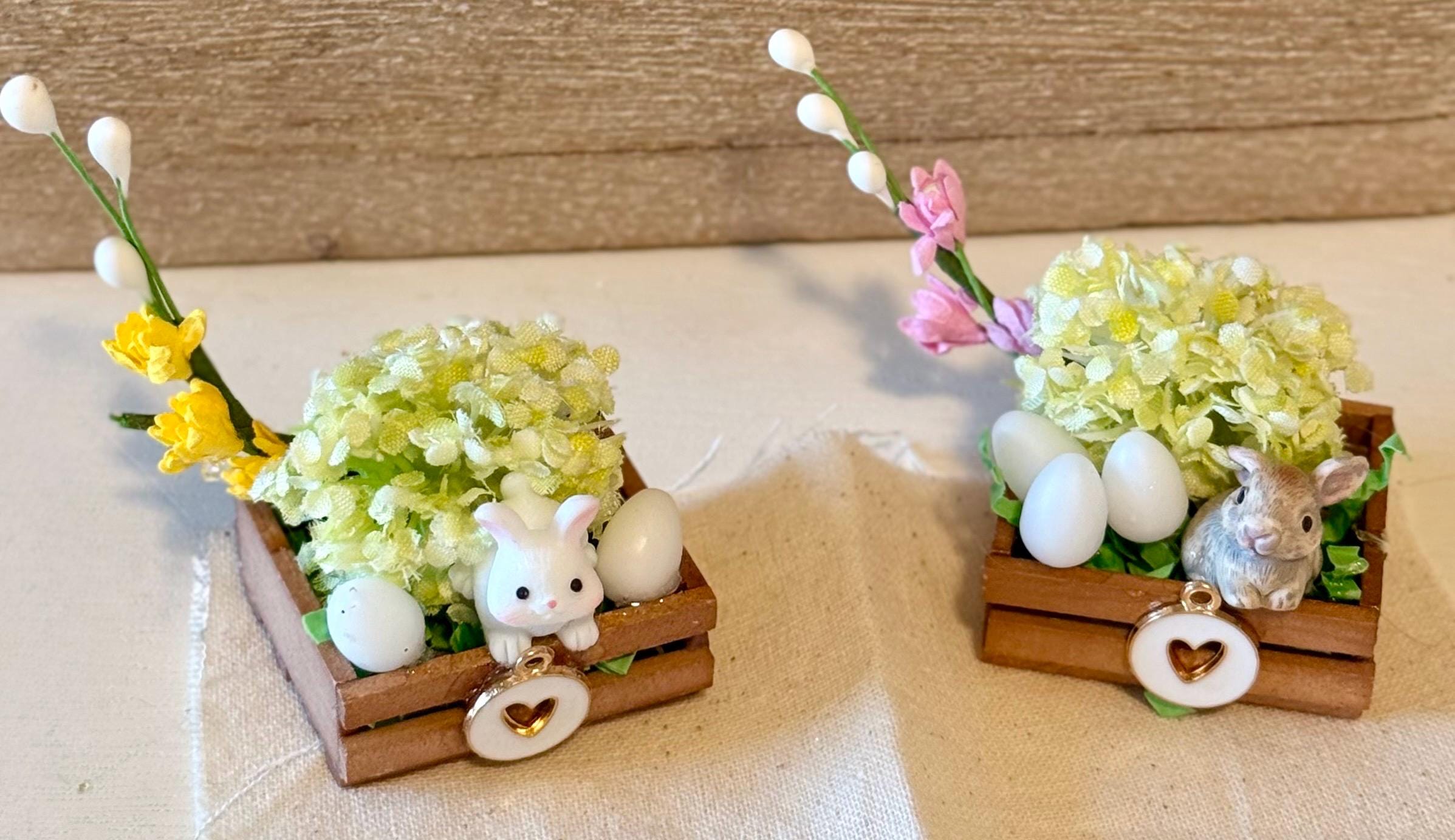 Miniature Easter bunny and flowers in wooden crate with heart -includes mini eggs