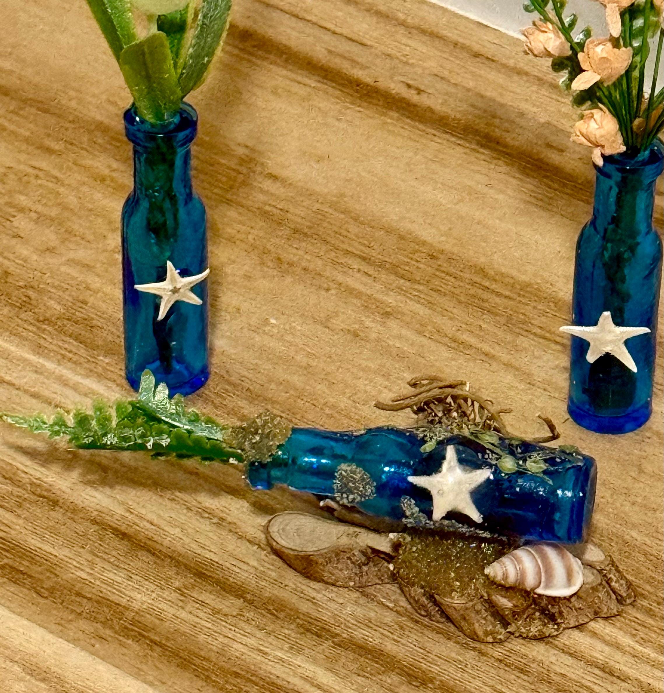 Miniature blue beachy themed glass bottles with plant-3 piece set