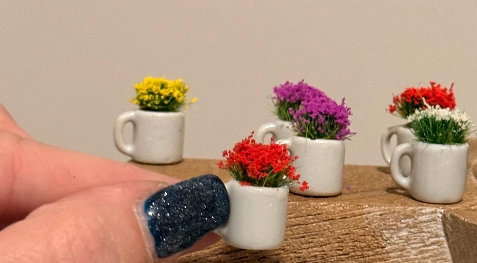 Miniature ceramic coffee mugs with plants