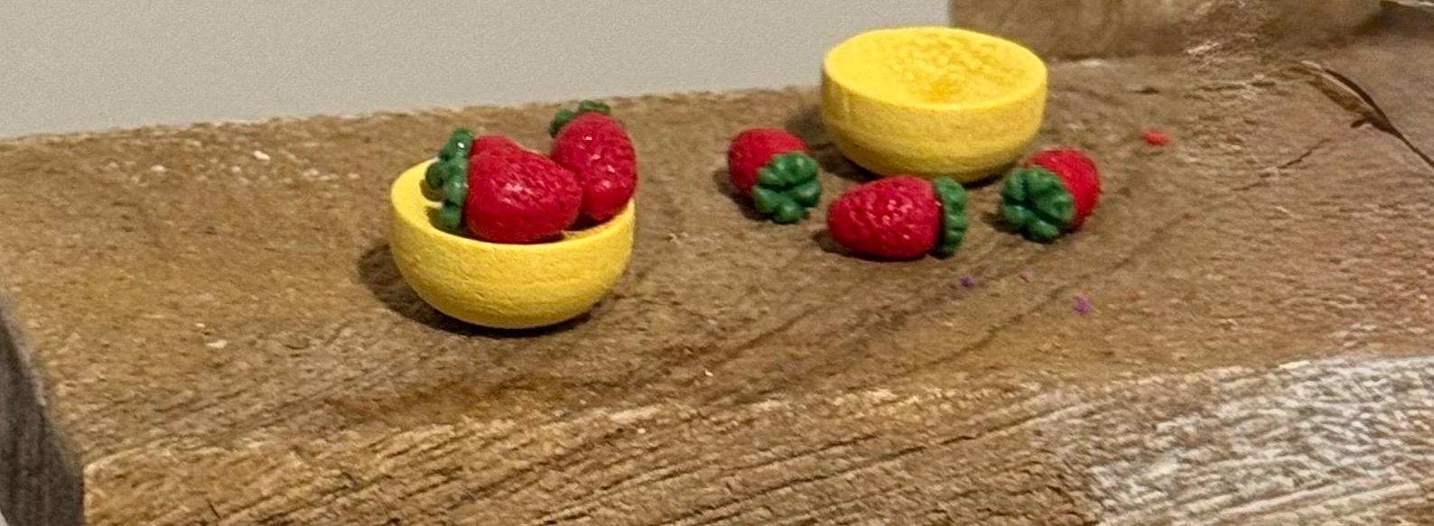 Miniature fruit in bowls- strawberries, lemons, bananas-dollhouse scale
