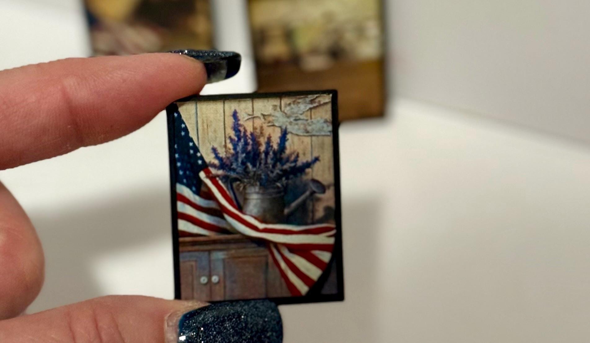 miniature Americana primitive art work in frames- dollhouse scale