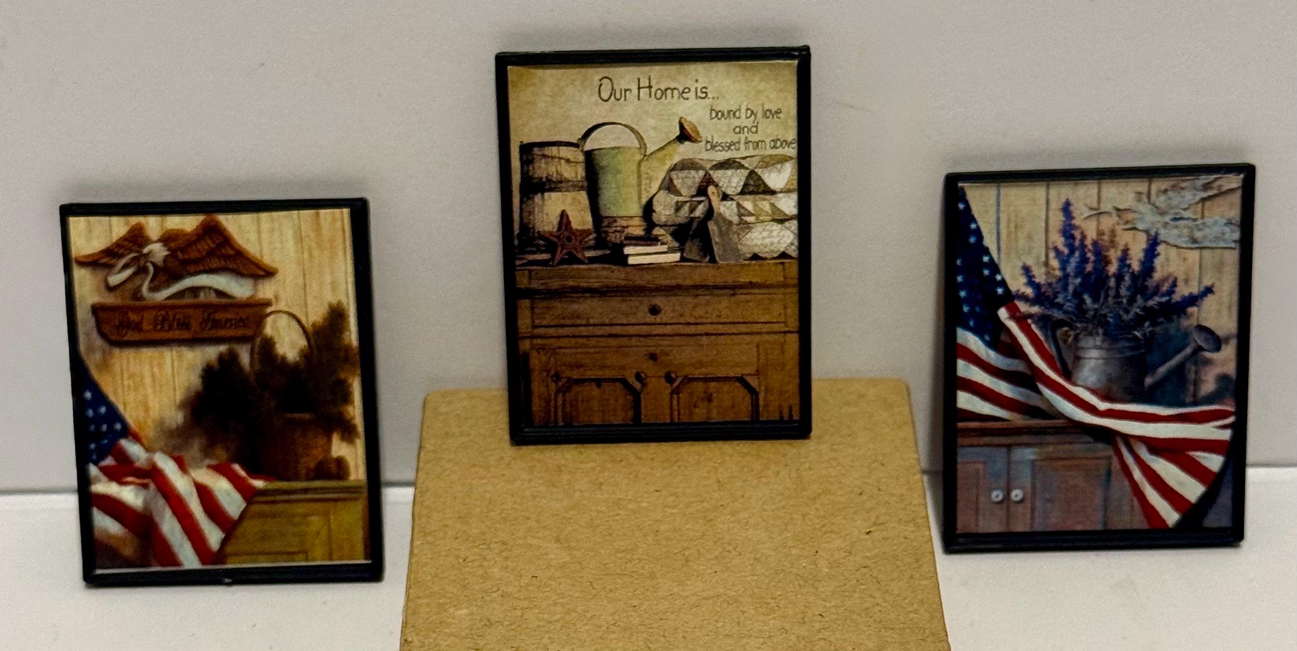 miniature Americana primitive art work in frames- dollhouse scale
